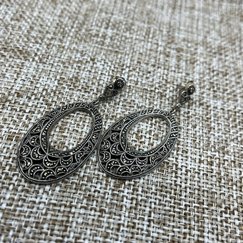 Vintage Suspicion 925 Sterling Silver Marcasite Filigree Drop Earrings - Picture 6 of 11